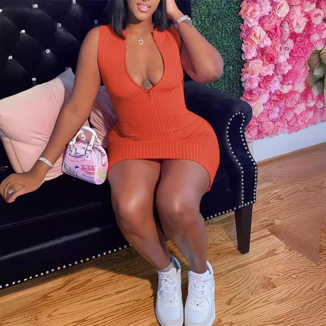 Women's Ribbed Zipper Slim Fit Sleeveless Dress