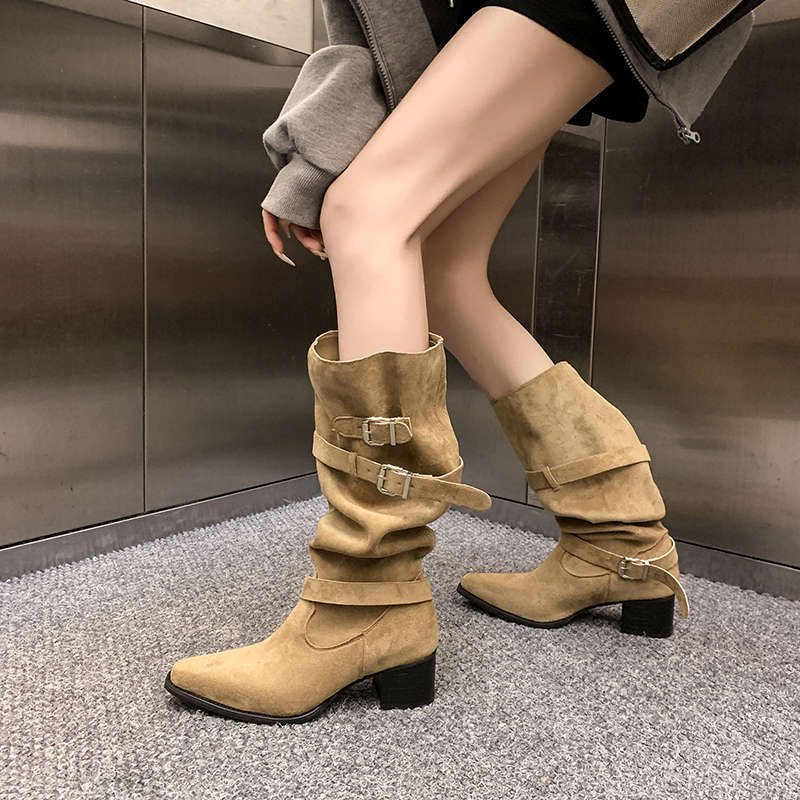 Womens Suede Pointed Toe Chunky Heel Ankle Boots