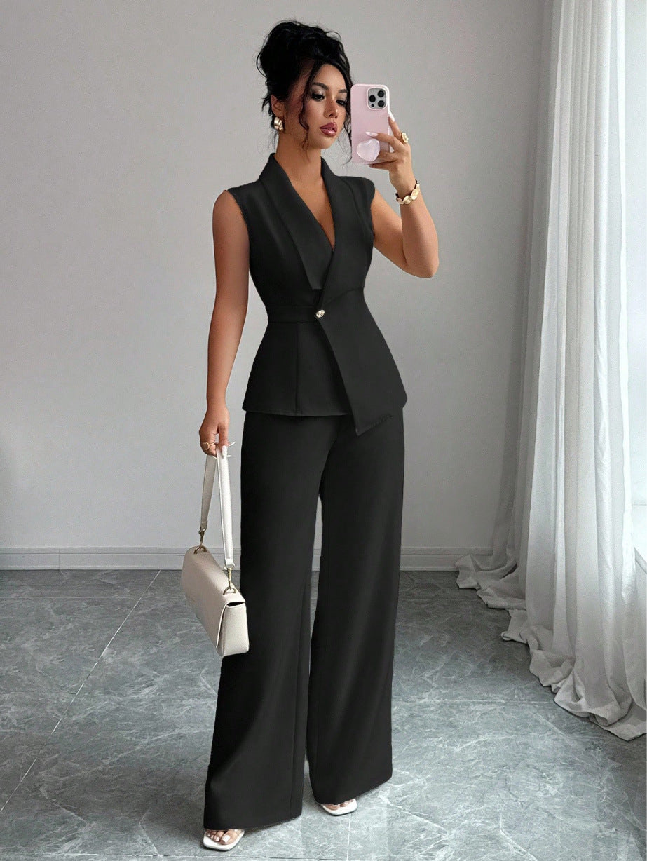 Women Sleeveless Suit and Straight Pants Two Piece Set