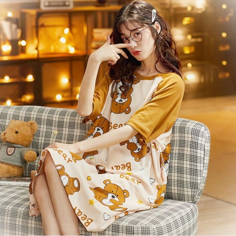 Women's Summer Cartoon Short Sleeve Pajama Dress - Loose Comfortable Home Wear