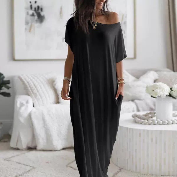Women's Solid Color Long Casual Dress with Bat Sleeves