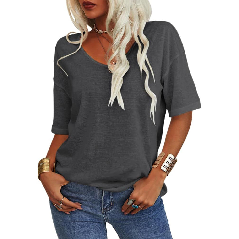 Women's T-shirt, V-neck, half-sleeved, loose shirt