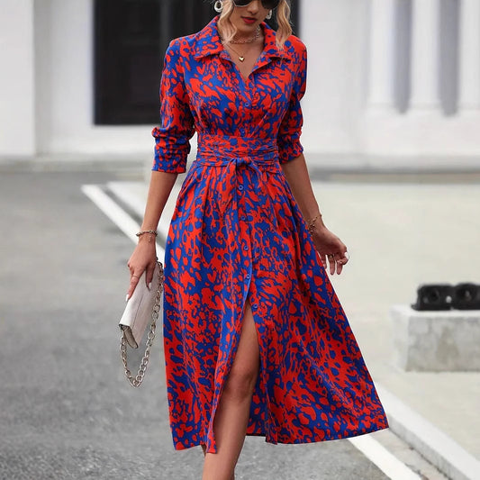 Printed button-up long-sleeved fitted A-line dress