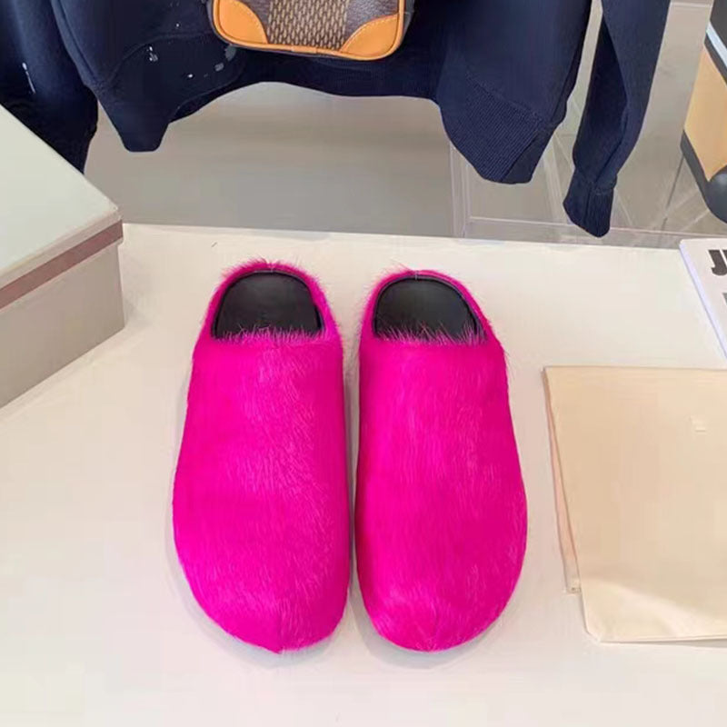 Women's Genuine Leather Horsehair Platform Slippers