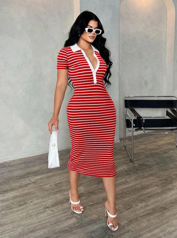 Polo Collar Striped Bodycon Midi Dress