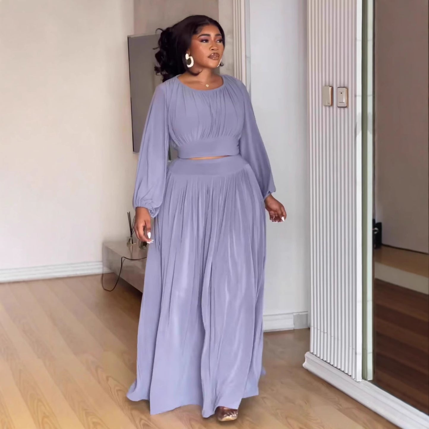 Round Neck Long Sleeve Elastic Waist Flared Skirt Set