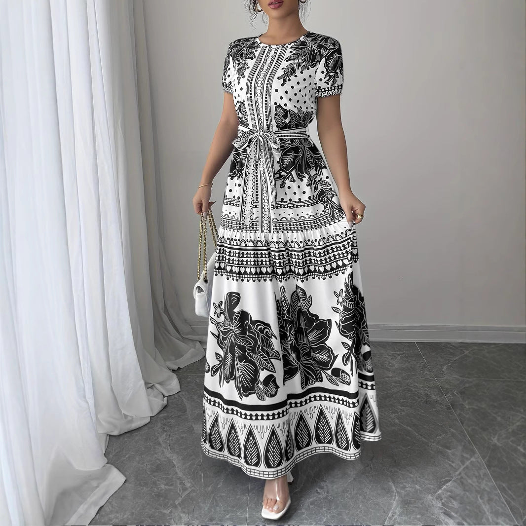 Lace-Up Elegant Ruffled Short-Sleeved Dress