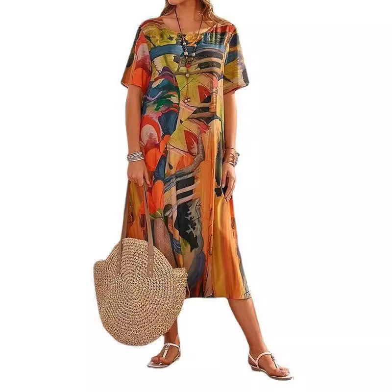 Waist Crewneck Loose Beach Long Dress