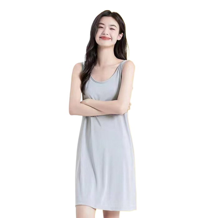 Summer New Style Ice Silk Suspender Pajamas with Breast Pads, Feminine Camisole, Cool Pure Color Nightgown That Can Be Worn Outside