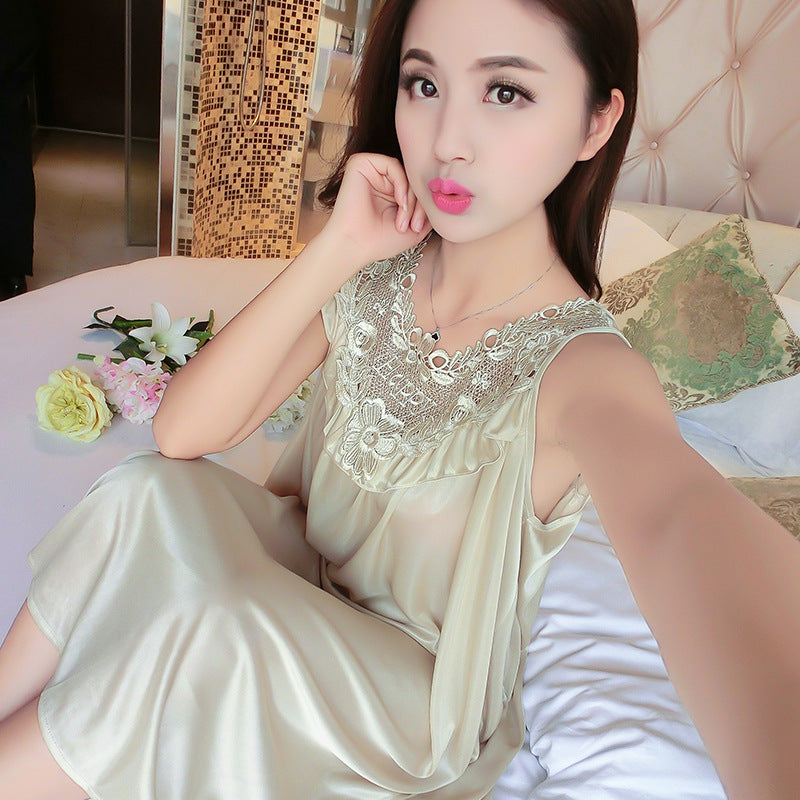 Sleeping dress, solid color sexy ice silk dress, vest dress, home wear