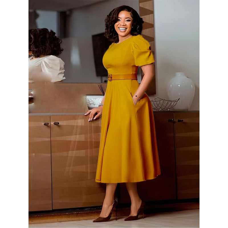 Puff Sleeve A-Line Dress with Matching Belt