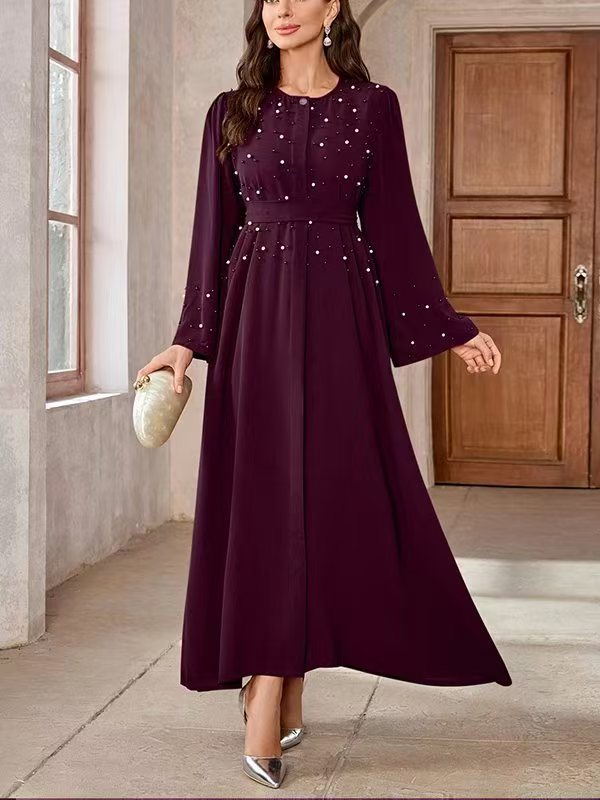 Long-sleeved pearl long dress