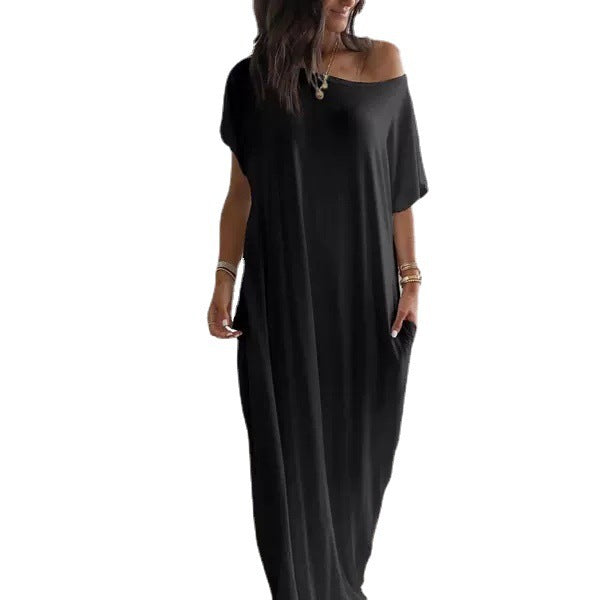 Women's Solid Color Long Casual Dress with Bat Sleeves