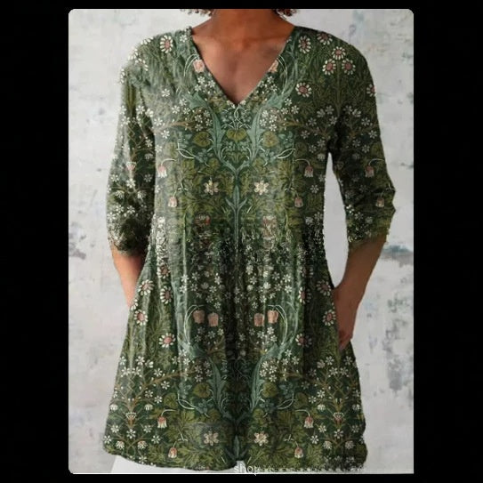 Women's Loose Digital Print V-Neck 3/4 Sleeve Tunic Top