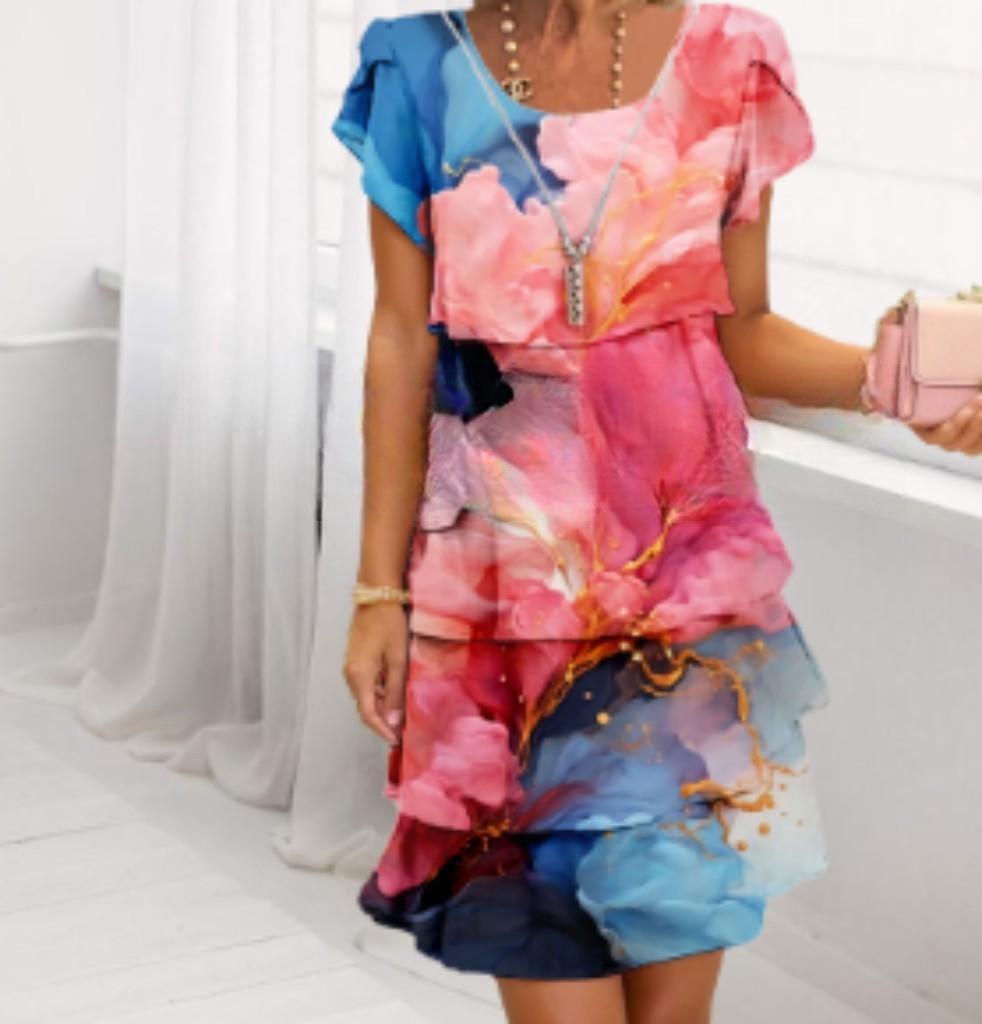 Short Sleeve 3D Printed Chiffon Dress
