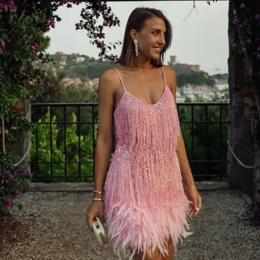 V-neck tassel sequined dress