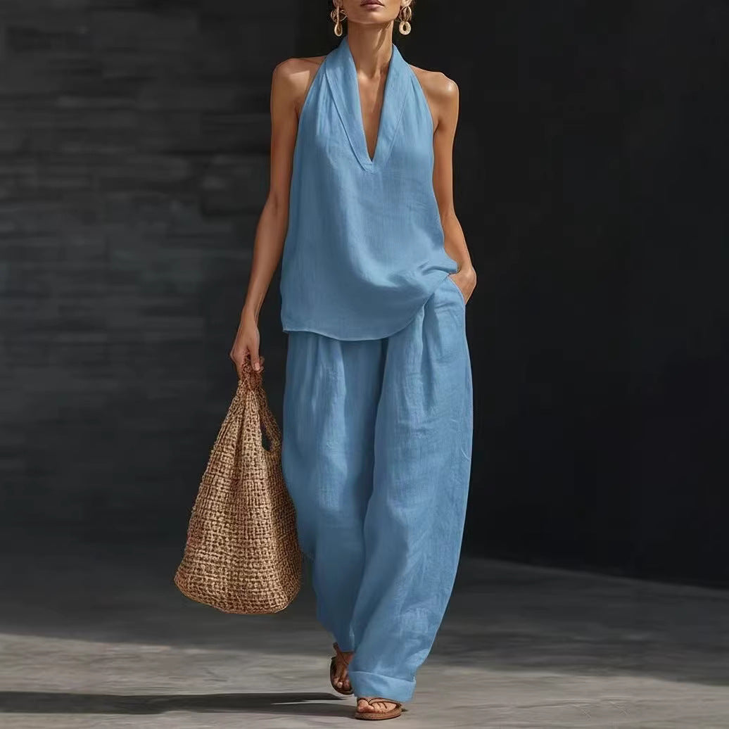 Womens Halter Neck Sleeveless Casual Two-Piece Set