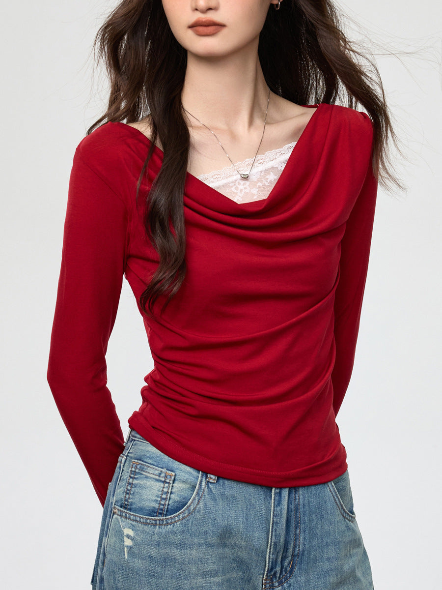 Swing collar stitching fake two-piece long sleeve