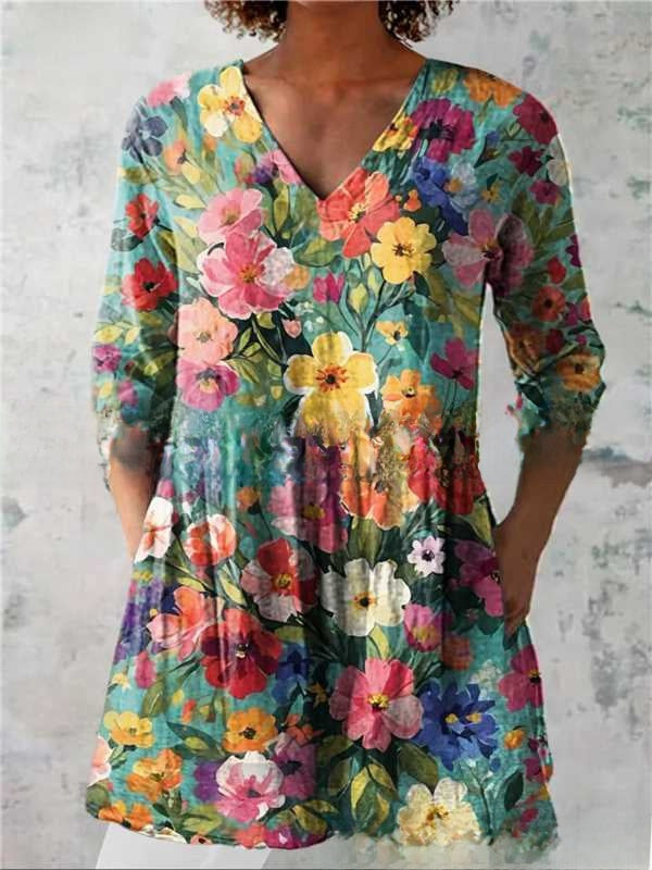 Women's Loose Digital Print V-Neck 3/4 Sleeve Tunic Top