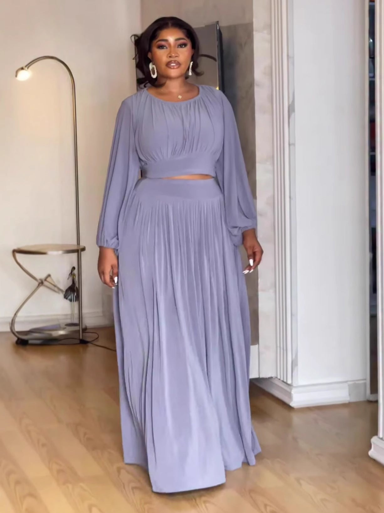 Round Neck Long Sleeve Elastic Waist Flared Skirt Set