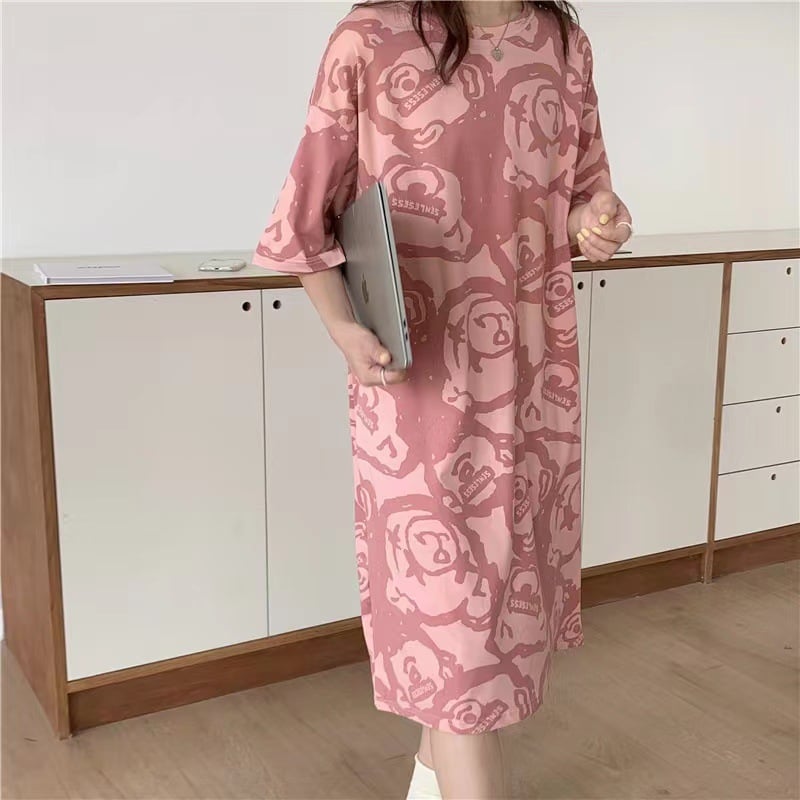 Women's Summer Cartoon Short Sleeve Pajama Dress - Loose Comfortable Home Wear