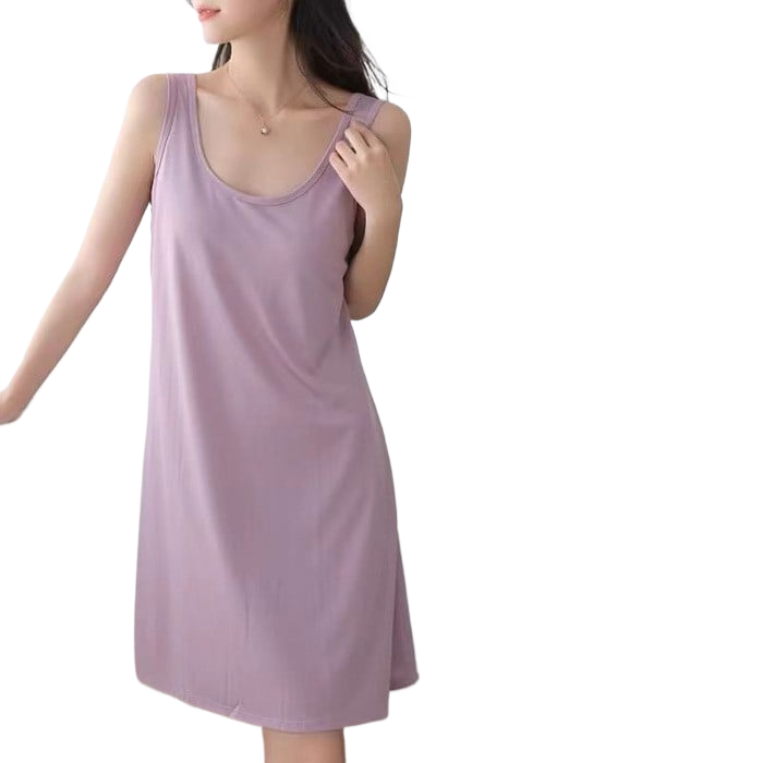 Summer New Style Ice Silk Suspender Pajamas with Breast Pads, Feminine Camisole, Cool Pure Color Nightgown That Can Be Worn Outside