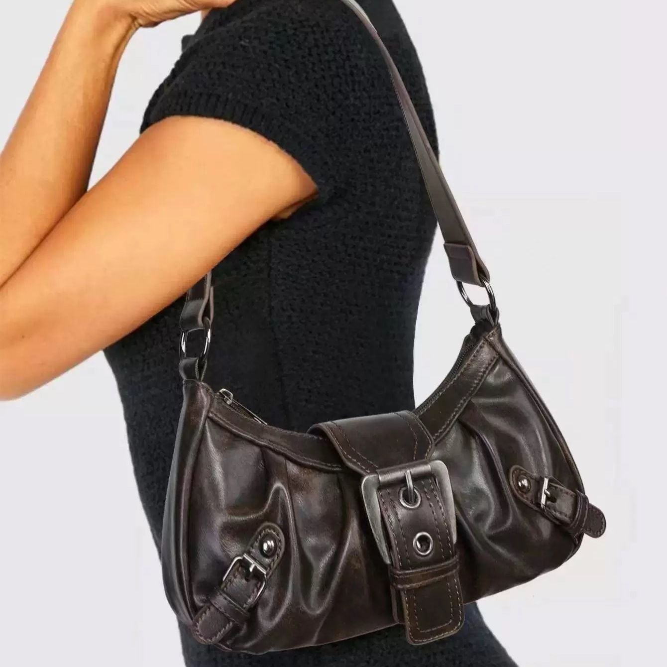 Distressed two-tone leather shoulder bag