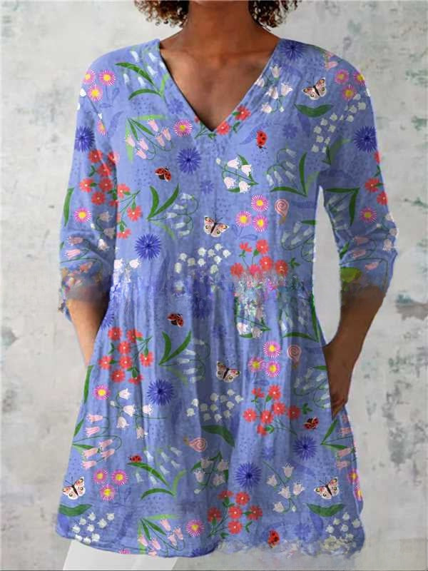 Women's Loose Digital Print V-Neck 3/4 Sleeve Tunic Top