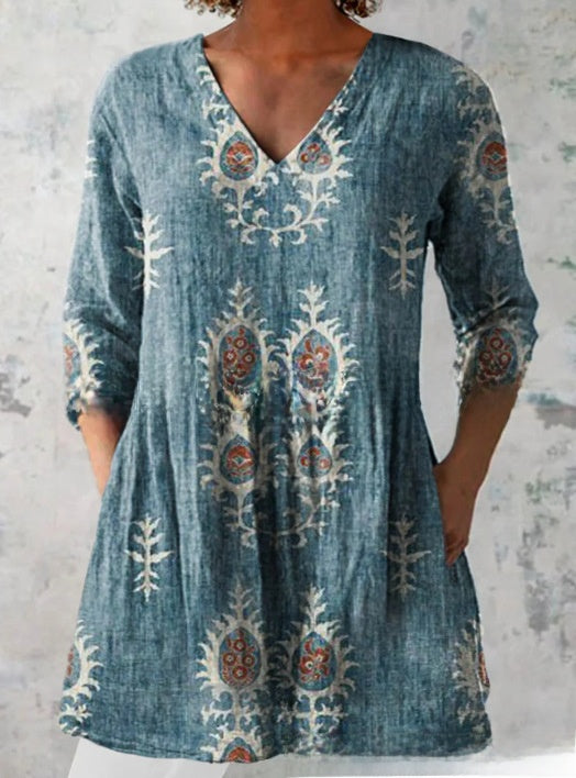 Womens Loose Digital Print V-Neck Short Sleeve T-Shirt