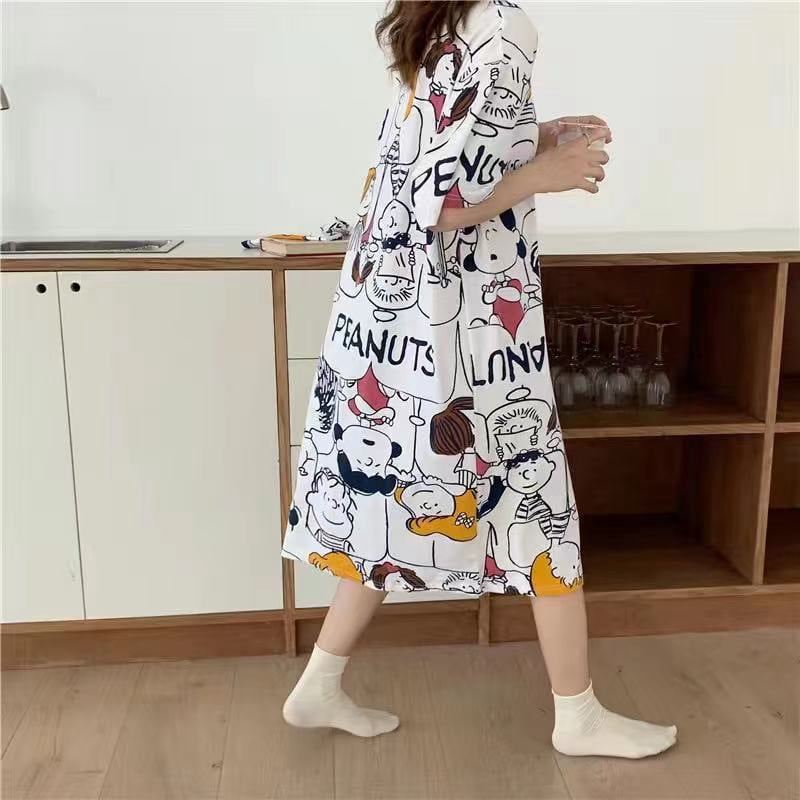 Women's Summer Cartoon Short Sleeve Pajama Dress - Loose Comfortable Home Wear