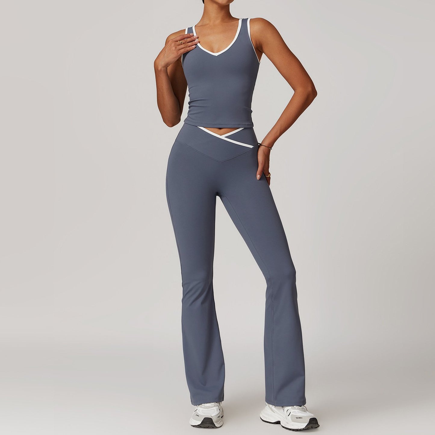 Contrast Color Sexy Tight Fitness Clothes suit V-Neck Sports Vest Quick-drying High Waist Cross Hip Lifting Yoga Flared Pants