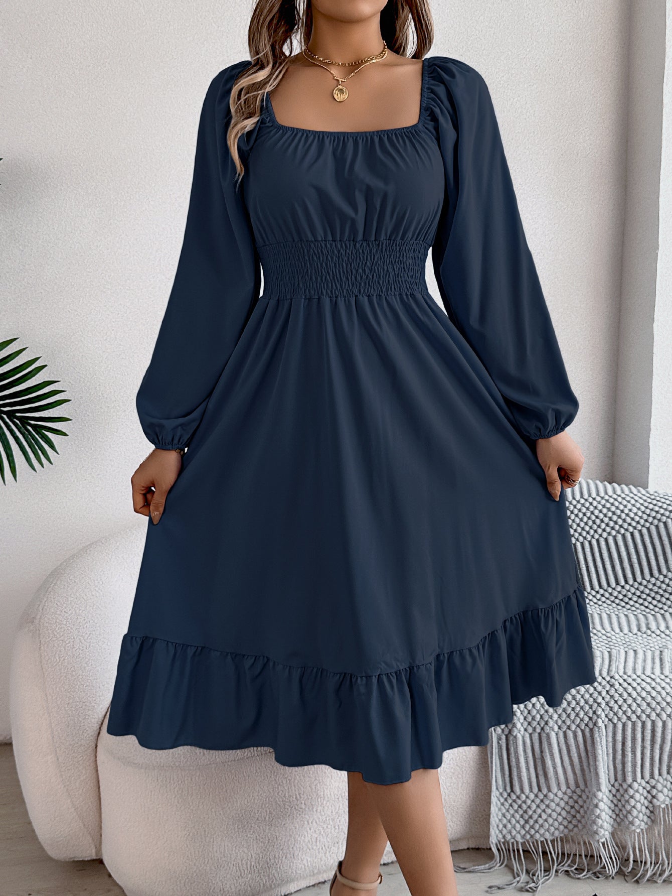 Casual Solid Color Square Neck Long Sleeve A-Line Dress