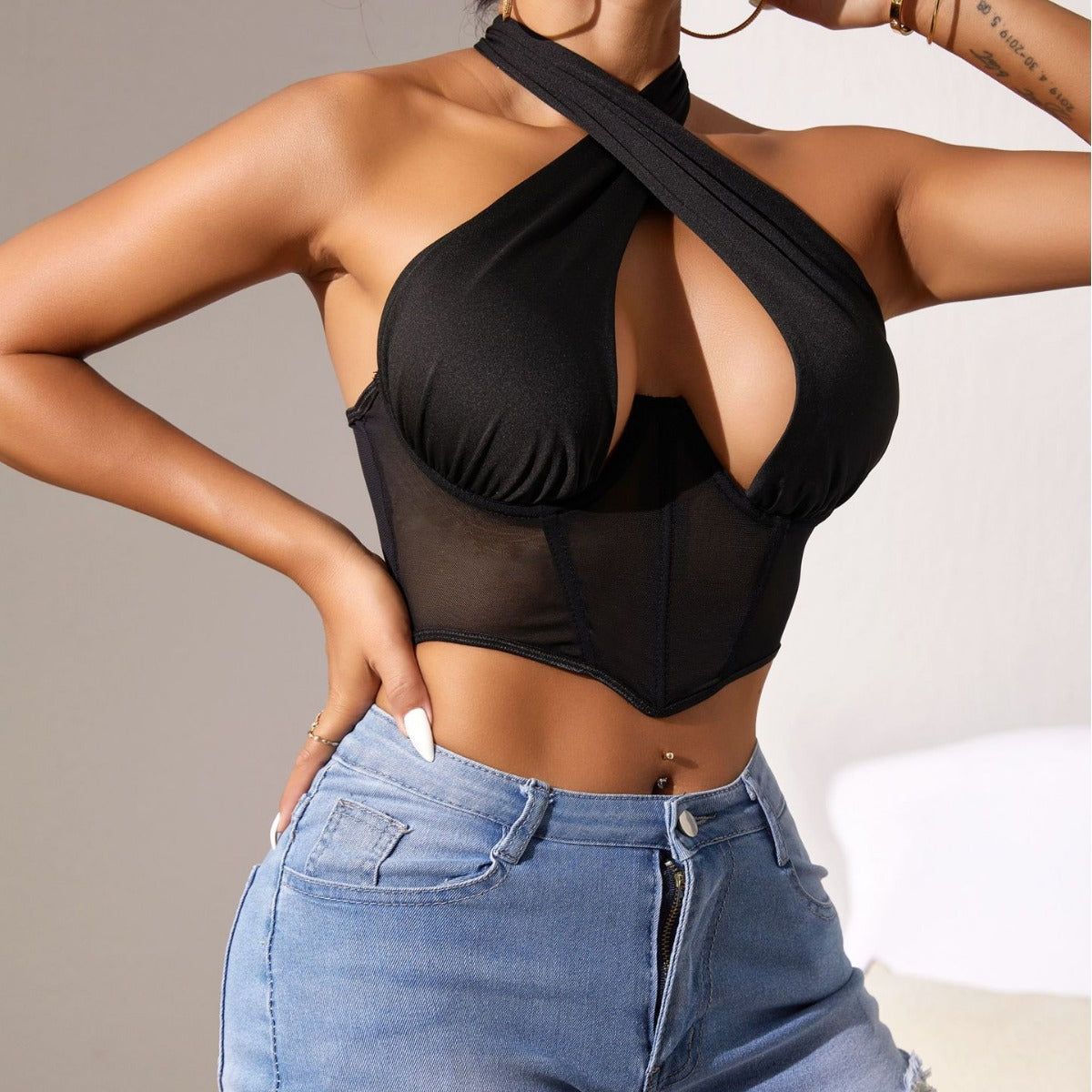 Sexy tulle patchwork halter top