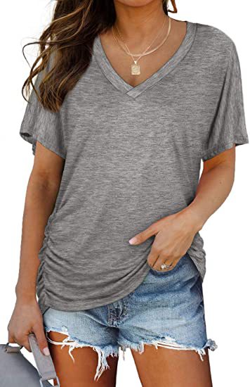 Solid-color batwing V-neck short-sleeved shirt