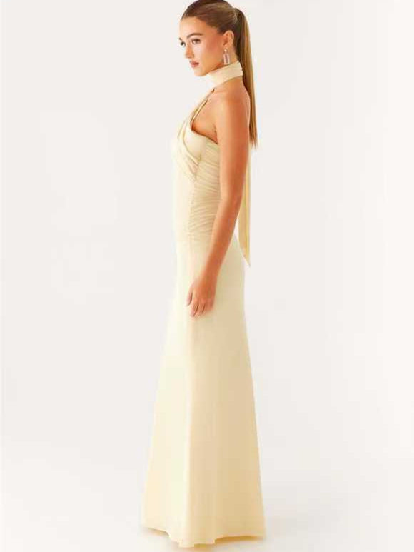 Neck-Wrap Ribbon Dress with Side Pleats