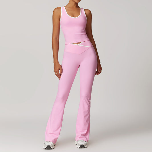Contrast Color Sexy Tight Fitness Clothes suit V-Neck Sports Vest Quick-drying High Waist Cross Hip Lifting Yoga Flared Pants