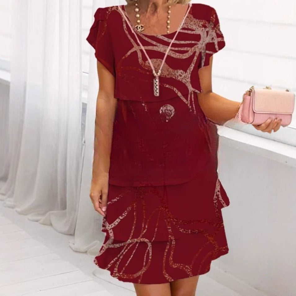 Short Sleeve 3D Printed Chiffon Dress