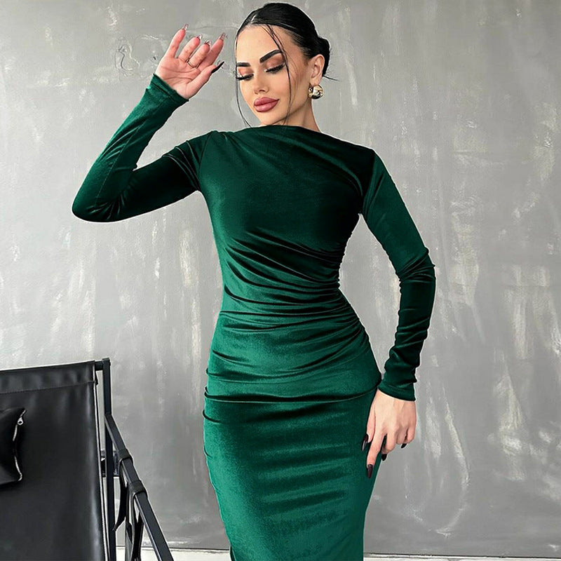 Solid-color fitted pleated round-neck long-sleeved dress
