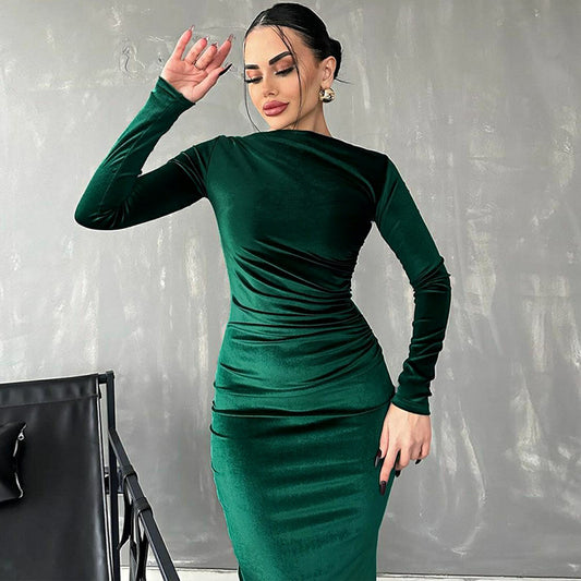 Solid-color fitted pleated round-neck long-sleeved dress
