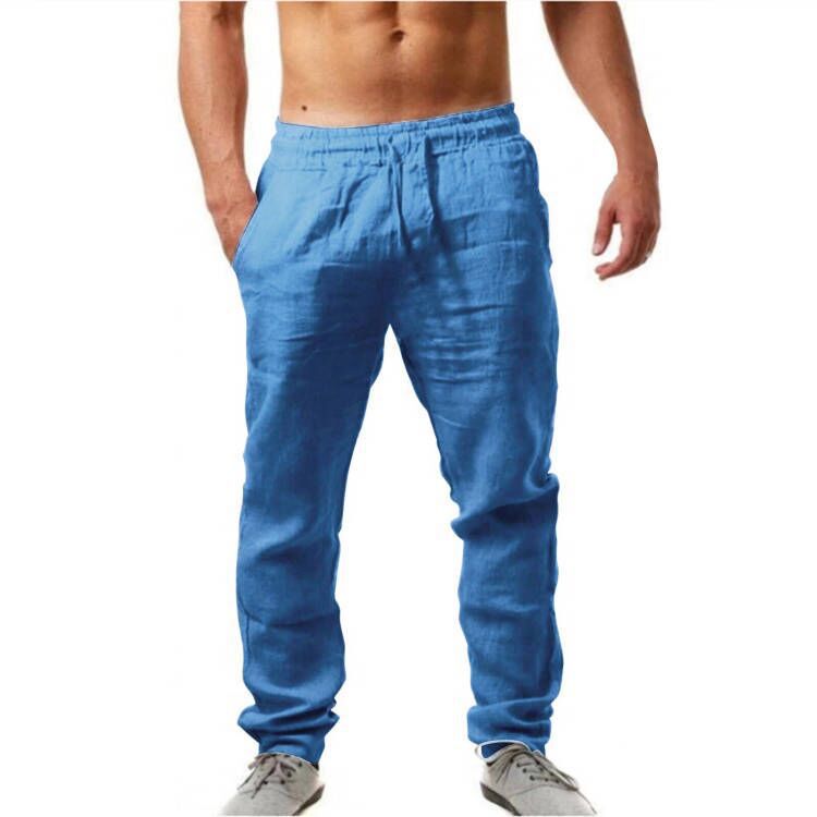 Mens Breathable Cotton Linen Casual Trousers