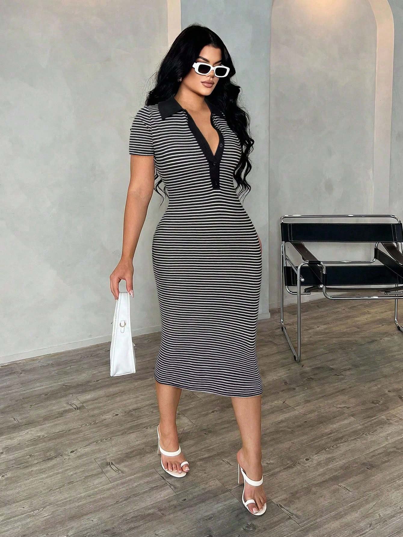 Polo Collar Striped Bodycon Midi Dress