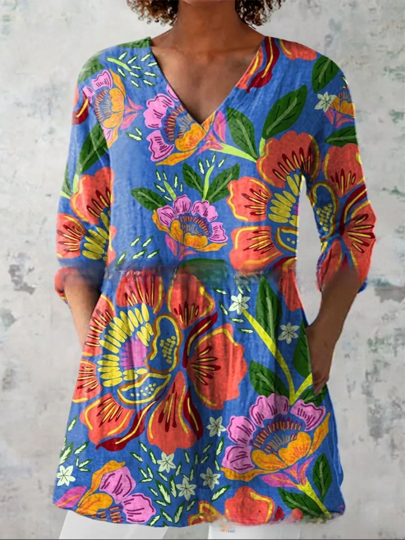 Womens Loose Digital Print V-Neck Short Sleeve T-Shirt