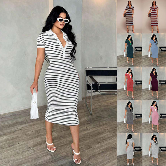 Polo Collar Striped Bodycon Midi Dress
