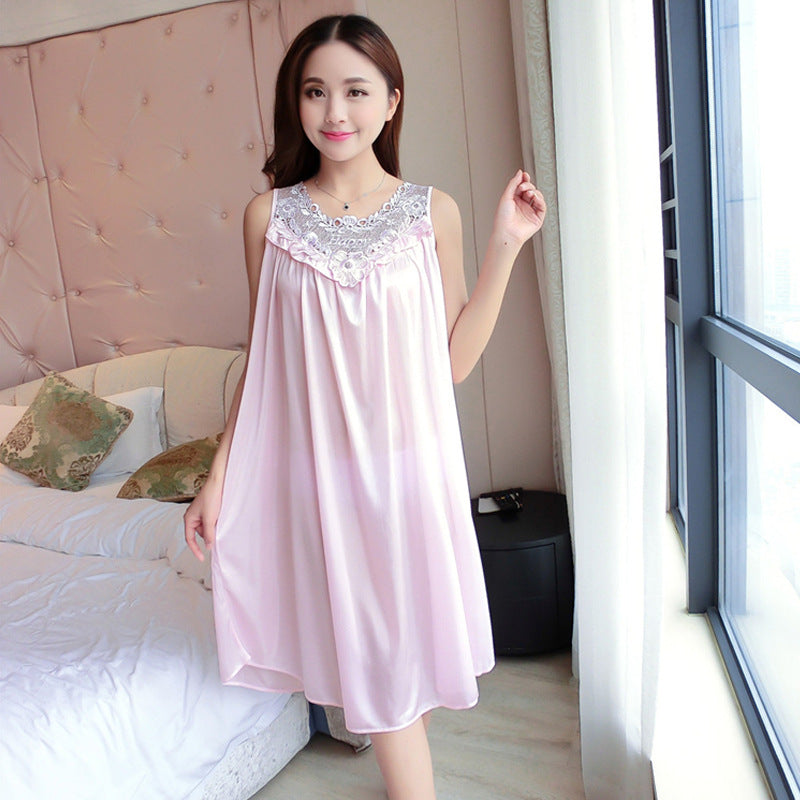 Sleeping dress, solid color sexy ice silk dress, vest dress, home wear