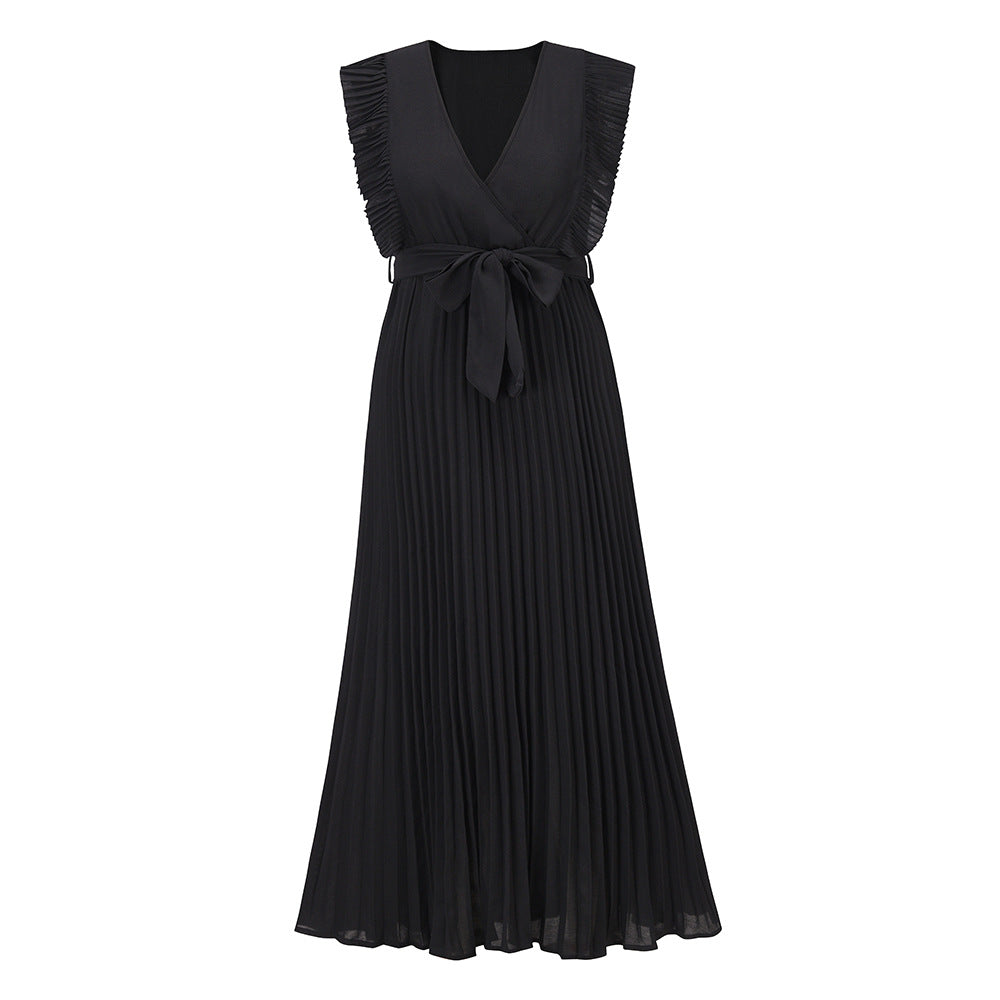 Elegant Beach Long Dress Fashion Slim Fit Sexy Lotus Sleeve Chiffon Pleated Dress Solid Color Dress