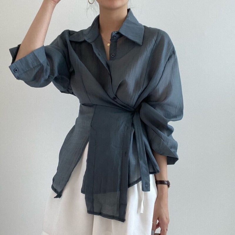 Irregularly buttoned lapel long-sleeved shirt