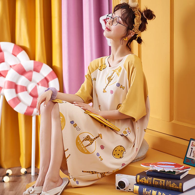 Women's Summer Cartoon Short Sleeve Pajama Dress - Loose Comfortable Home Wear