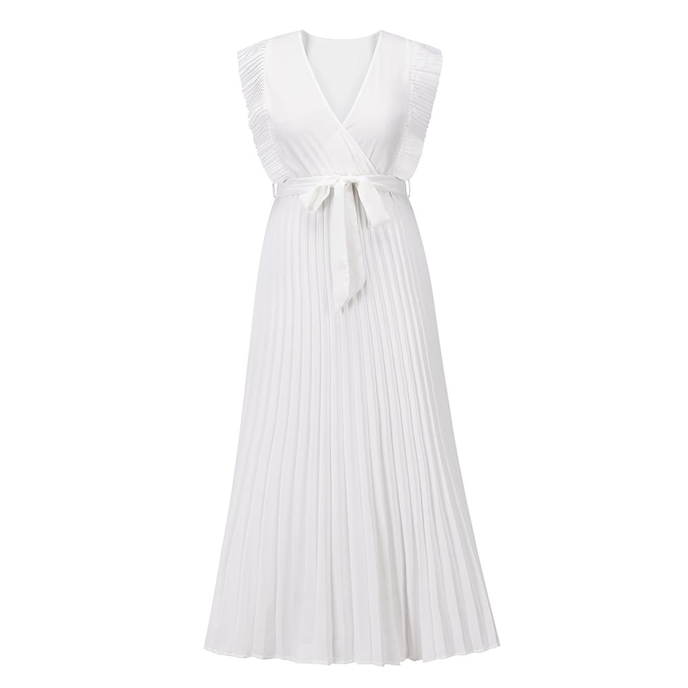 Elegant Beach Long Dress Fashion Slim Fit Sexy Lotus Sleeve Chiffon Pleated Dress Solid Color Dress