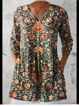 Women's Loose Digital Print V-Neck 3/4 Sleeve Tunic Top