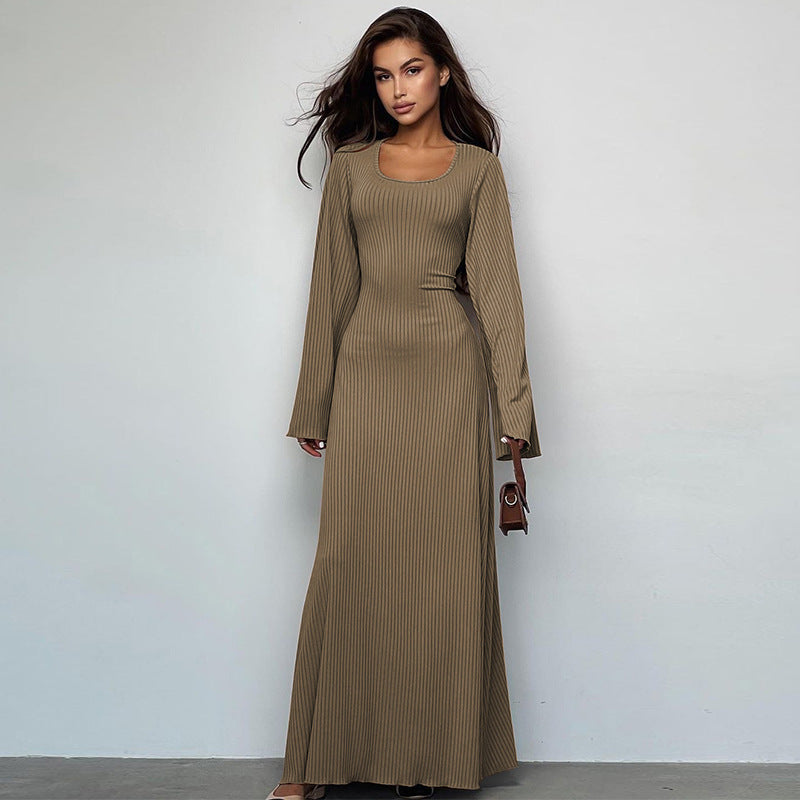 Loose U-Neck Back Tie Detail Long Sleeve Dress